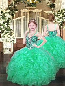 Floor Length Turquoise Glitz Pageant Dress Organza Sleeveless Beading and Ruffles