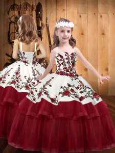Glorious Wine Red Ball Gowns Organza Straps Sleeveless Embroidery Floor Length Lace Up Girls Pageant Dresses