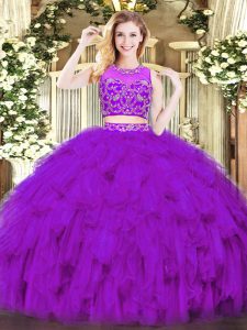 Purple Tulle Zipper Scoop Sleeveless Floor Length Quinceanera Dresses Beading and Ruffles