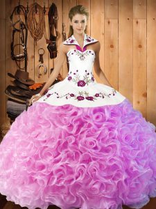 Perfect Rose Pink Ball Gowns Halter Top Sleeveless Fabric With Rolling Flowers Floor Length Lace Up Embroidery Quince Ball Gowns
