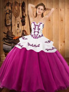 Sumptuous Sleeveless Satin and Organza Floor Length Lace Up Sweet 16 Dresses in Fuchsia with Embroidery