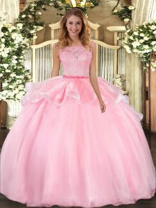New Arrival Floor Length Pink Sweet 16 Dresses Organza Sleeveless Lace