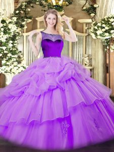 Sleeveless Floor Length Beading and Pick Ups Zipper Ball Gown Prom Dress with Lavender