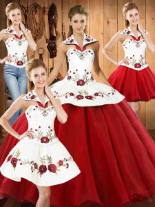 Wonderful Floor Length White And Red 15th Birthday Dress Halter Top Sleeveless Lace Up