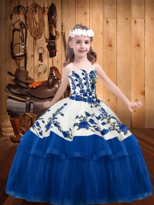 Straps Sleeveless Little Girls Pageant Dress Floor Length Embroidery Blue Organza