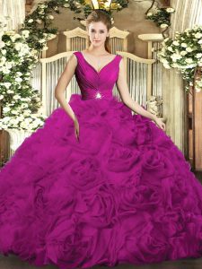 Fuchsia Sweet 16 Dresses Military Ball and Sweet 16 and Quinceanera with Beading and Ruching V-neck Sleeveless Backless