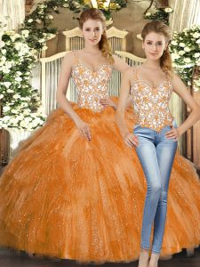 Beading and Ruffles Quinceanera Gown Orange Red Lace Up Sleeveless Floor Length