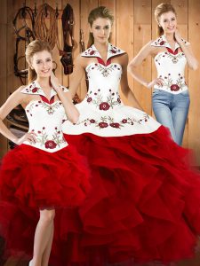 Wine Red Satin and Organza Lace Up Sweet 16 Dresses Sleeveless Floor Length Embroidery and Ruffles