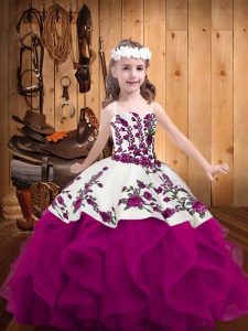 Floor Length Lace Up Little Girl Pageant Dress Fuchsia for Sweet 16 and Quinceanera with Embroidery and Ruffles