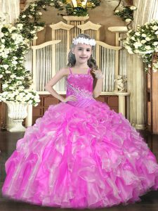 Beading and Ruffles and Sequins Child Pageant Dress Rose Pink Lace Up Sleeveless Floor Length