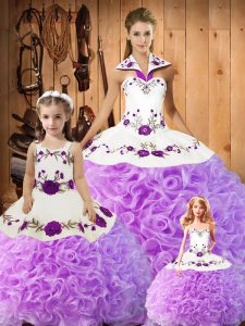Shining Sleeveless Satin and Fabric With Rolling Flowers Floor Length Lace Up Quinceanera Dress in Lilac with Embroidery