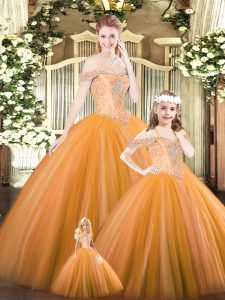 Shining Orange Ball Gowns Off The Shoulder Sleeveless Tulle Floor Length Lace Up Beading Sweet 16 Quinceanera Dress