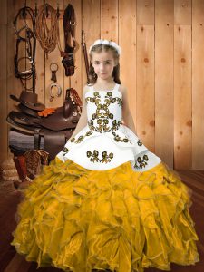 Gold Lace Up Straps Embroidery and Ruffles Pageant Dress for Teens Organza Sleeveless