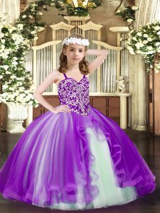 Purple Tulle Lace Up Pageant Dress for Teens Sleeveless Floor Length Beading