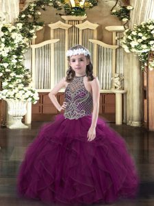 High Class Purple Ball Gowns Organza Halter Top Sleeveless Beading and Ruffles Floor Length Lace Up Girls Pageant Dresses