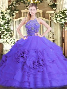 New Style Purple Ball Gowns Tulle Halter Top Sleeveless Beading and Ruffled Layers Floor Length Zipper Quinceanera Dress