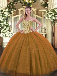 Fitting Tulle Sweetheart Sleeveless Lace Up Beading Quince Ball Gowns in Brown