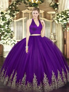 Adorable Tulle Halter Top Sleeveless Zipper Appliques Quinceanera Dress in Dark Purple