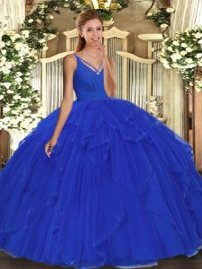 Blue Sleeveless Floor Length Ruffles Backless 15th Birthday Dress
