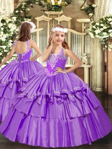 Sweet Lavender Ball Gowns Beading and Ruffled Layers Pageant Dress Wholesale Lace Up Organza Sleeveless Floor Length