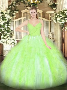 Yellow Green Ball Gowns Organza Spaghetti Straps Sleeveless Ruffles Floor Length Zipper Sweet 16 Quinceanera Dress