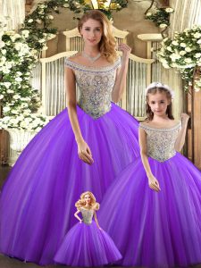 Captivating Ball Gowns Sweet 16 Dress Purple Bateau Tulle Sleeveless Floor Length Lace Up