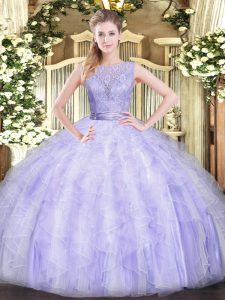 Unique Lavender Ball Gowns Scoop Sleeveless Organza Floor Length Backless Beading and Ruffles Quince Ball Gowns