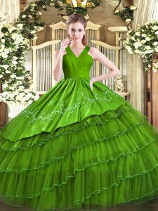 Chic Floor Length Olive Green Quinceanera Dresses V-neck Sleeveless Zipper
