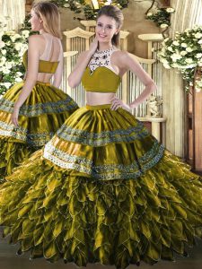 Cheap Olive Green Sleeveless Tulle Backless Quinceanera Gowns for Military Ball and Sweet 16 and Quinceanera