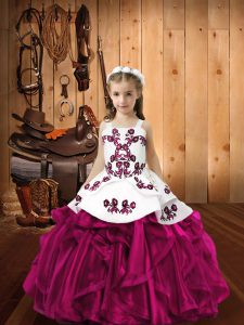 Stunning Fuchsia Ball Gowns Straps Sleeveless Organza Floor Length Lace Up Embroidery and Ruffles Girls Pageant Dresses