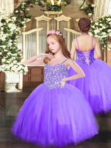 Spaghetti Straps Sleeveless Tulle Little Girl Pageant Dress Appliques Lace Up