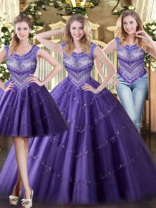Enchanting Purple Ball Gowns Tulle Scoop Sleeveless Beading Floor Length Lace Up Sweet 16 Dress