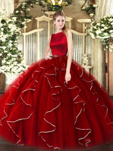 Cheap Wine Red Ball Gowns Organza Scoop Sleeveless Ruffles Floor Length Clasp Handle Quinceanera Gowns