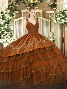 Brown Satin and Tulle Zipper Sweet 16 Dresses Sleeveless Floor Length Beading and Embroidery and Ruffled Layers
