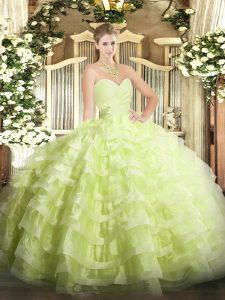 Best Yellow Green Ball Gowns Beading and Ruffled Layers Quinceanera Dress Lace Up Organza Sleeveless Floor Length