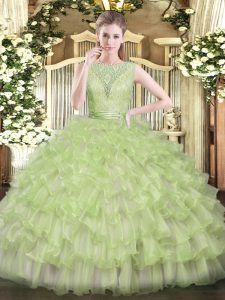 Colorful Yellow Green Ball Gowns Beading and Ruffled Layers Vestidos de Quinceanera Backless Tulle Sleeveless Floor Length