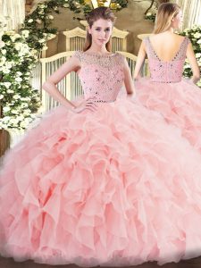Excellent Sleeveless Floor Length Beading and Ruffles Zipper Ball Gown Prom Dress with Baby Pink