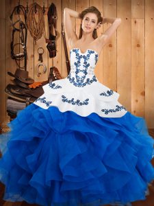 Beautiful Blue Lace Up Strapless Embroidery and Ruffles 15 Quinceanera Dress Satin and Organza Sleeveless