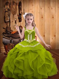 Sleeveless Floor Length Embroidery and Ruffles Lace Up Kids Pageant Dress with Olive Green