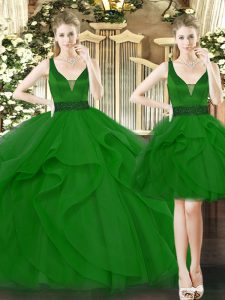 Adorable Green Ball Gowns Beading and Ruffles Quince Ball Gowns Lace Up Tulle Sleeveless Floor Length