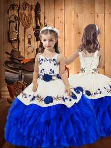 On Sale Royal Blue Child Pageant Dress Sweet 16 and Quinceanera with Embroidery and Ruffles Straps Sleeveless Lace Up