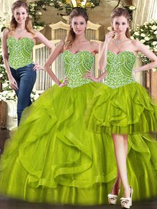 Suitable Sleeveless Organza Floor Length Lace Up Quince Ball Gowns in Olive Green with Beading and Ruffles