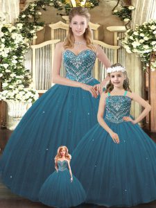 Charming Sweetheart Sleeveless Lace Up Sweet 16 Dresses Teal Tulle