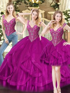 Luxurious Organza V-neck Sleeveless Lace Up Beading and Ruffles 15th Birthday Dress in Fuchsia