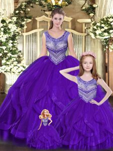 Ideal Eggplant Purple Scoop Neckline Beading and Ruffles Sweet 16 Quinceanera Dress Sleeveless Lace Up