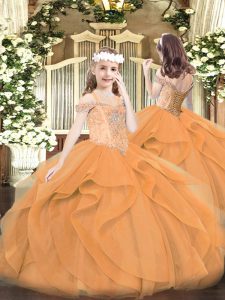 Orange Pageant Gowns For Girls Party and Quinceanera with Beading and Ruffles Off The Shoulder Sleeveless Lace Up
