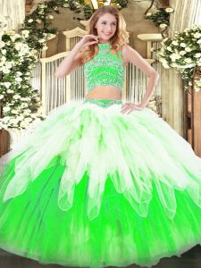 Amazing Multi-color Backless High-neck Beading and Ruffles Vestidos de Quinceanera Tulle Sleeveless