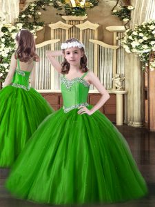 Floor Length Green Pageant Gowns For Girls Tulle Sleeveless Beading