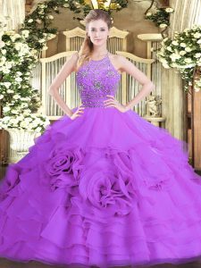 Captivating Halter Top Sleeveless Tulle Sweet 16 Dresses Beading and Ruffled Layers Zipper