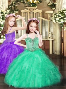 Stunning Floor Length Lace Up Pageant Gowns For Girls Turquoise for Party and Quinceanera with Beading and Ruffles
